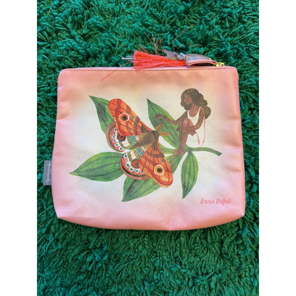 Hallmark‎ Pouch Womens Large Pink Excellent Dana Befort Moth Peony Art Tassel